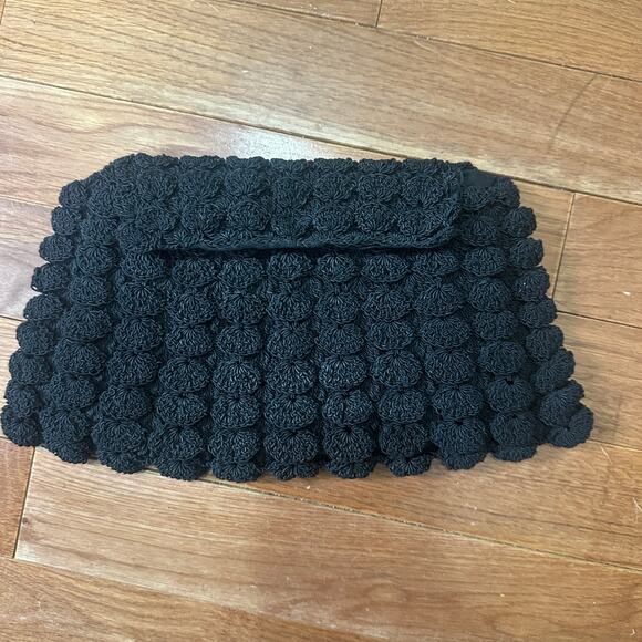 Vintage 1940s Black Popcorn Rosette Crochet Clutch Evening Bag Purse - Picture 1 of 6